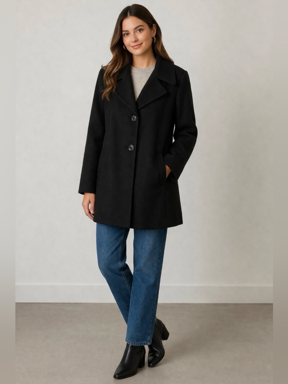 Anne Klein Black Wool Dress Coat XL Extra Large Classic Career Church Party